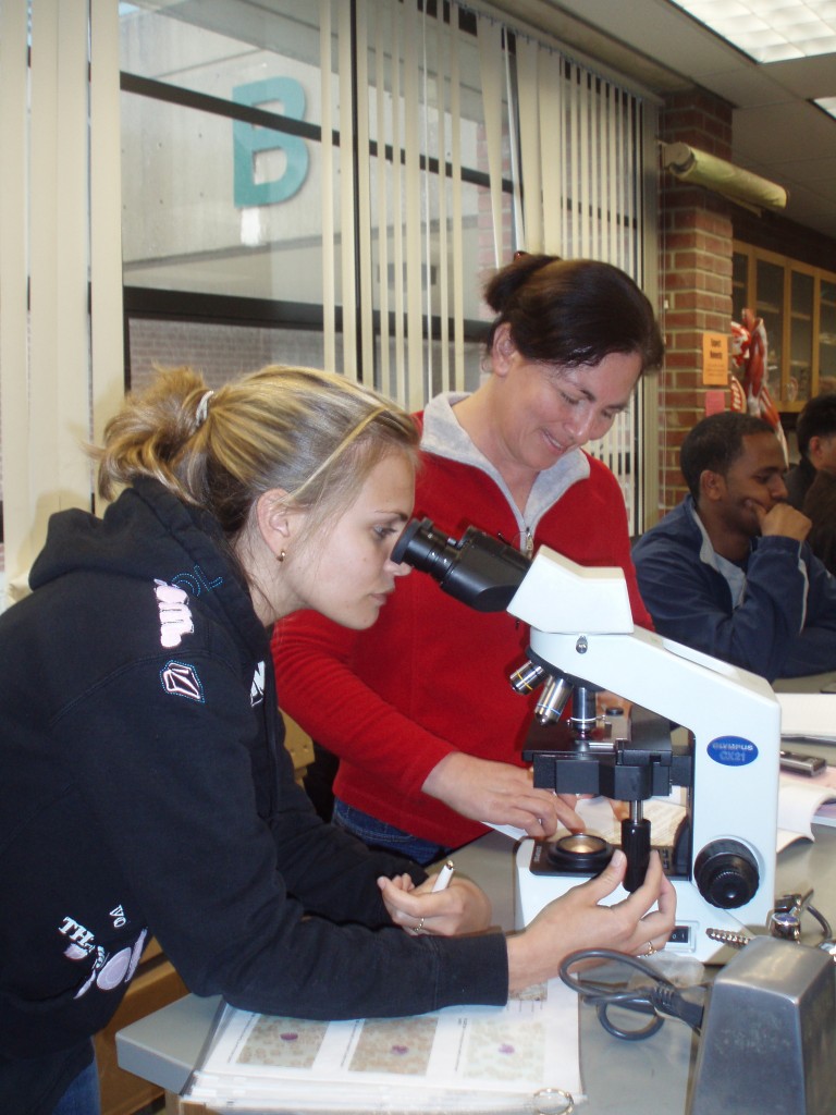 students view cells through a microscope