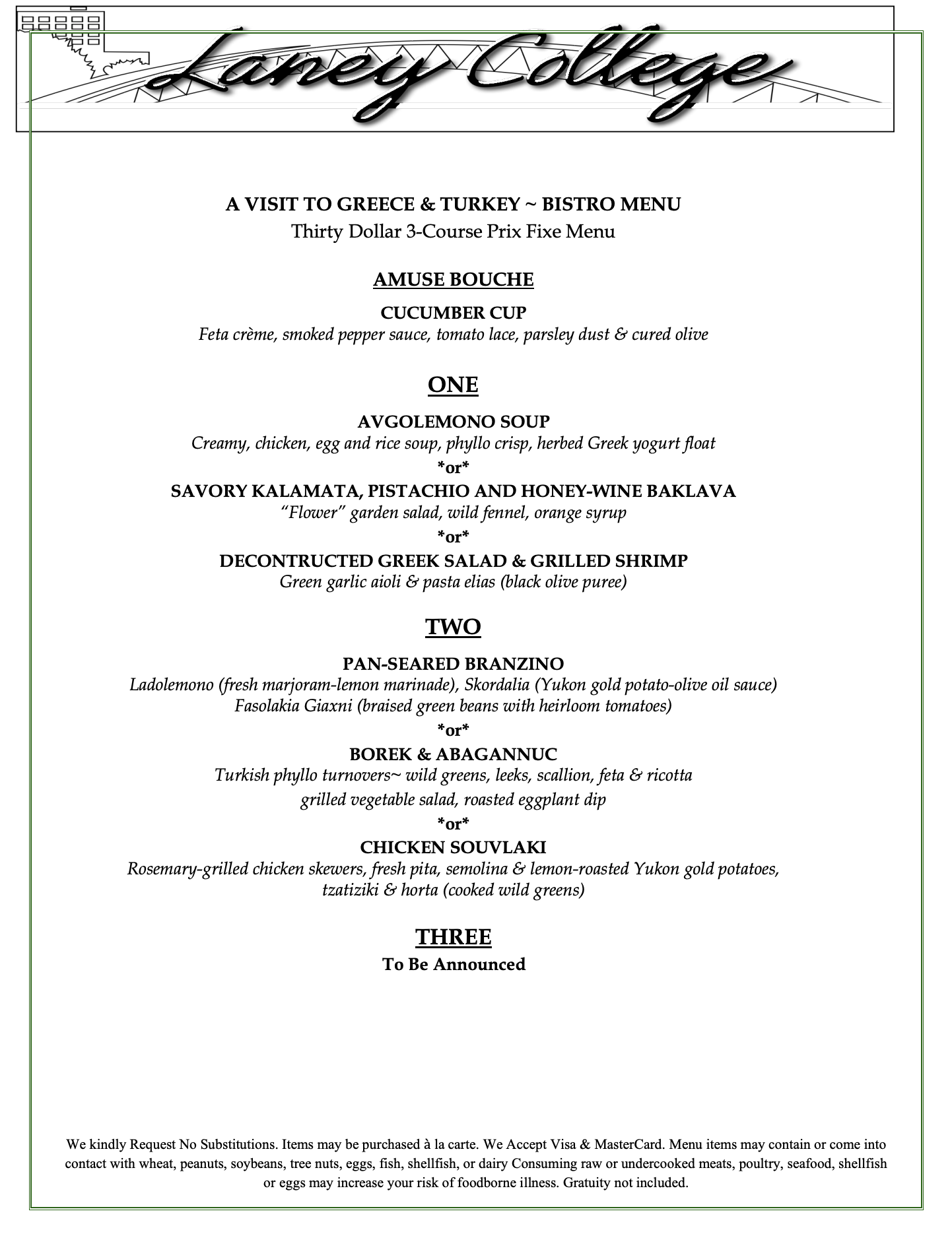 Bistro Menu October 22, 23, 2025