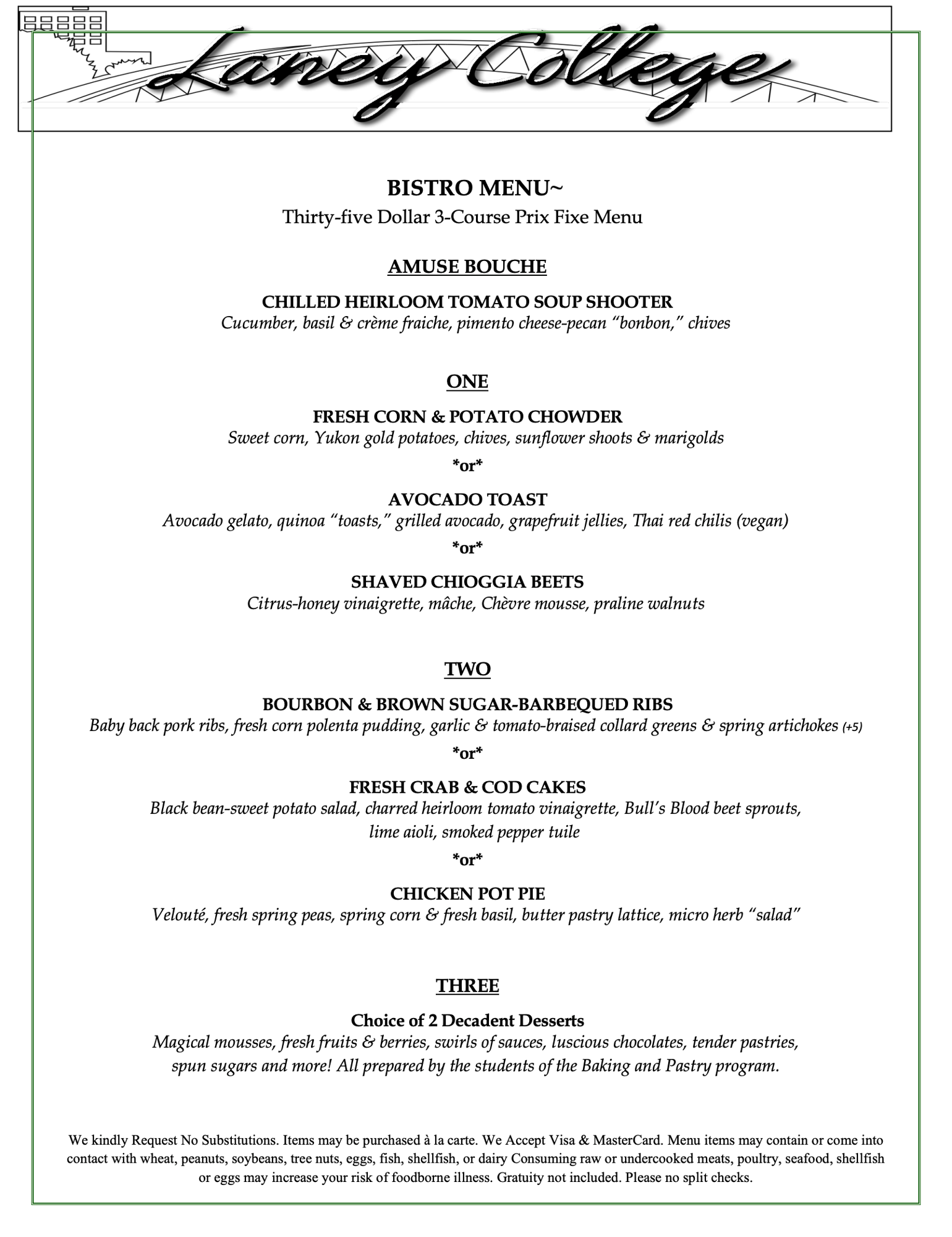 Bistro menu May 6 & 7