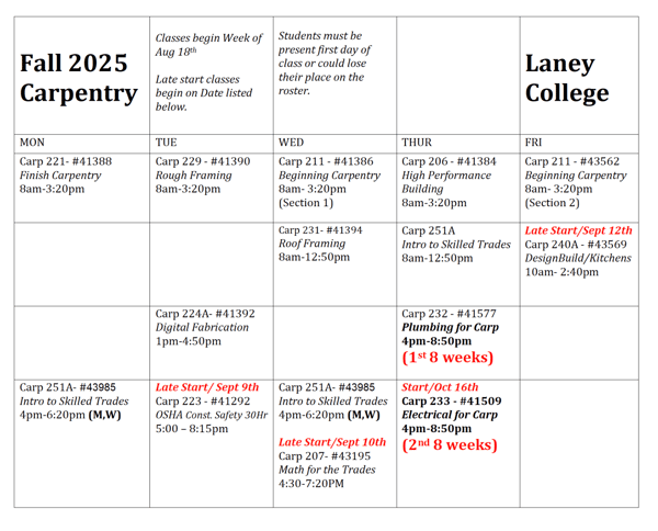 Carpentry Fall 2025 Schedule