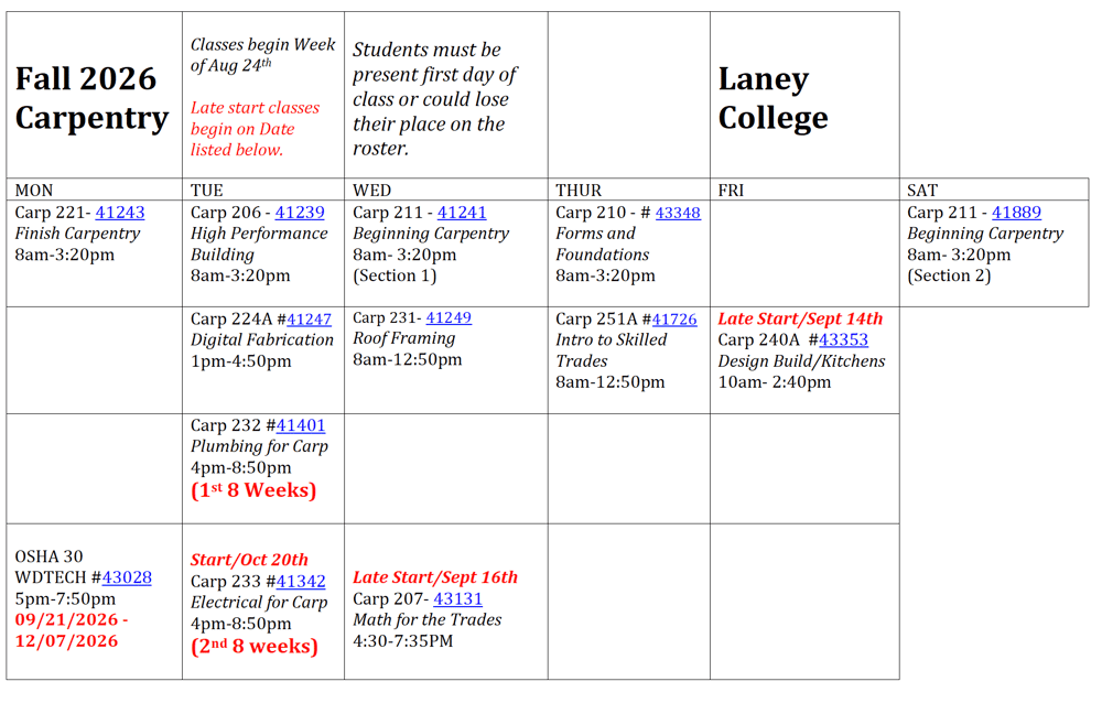 Fall 2026 Carpentry Calendar