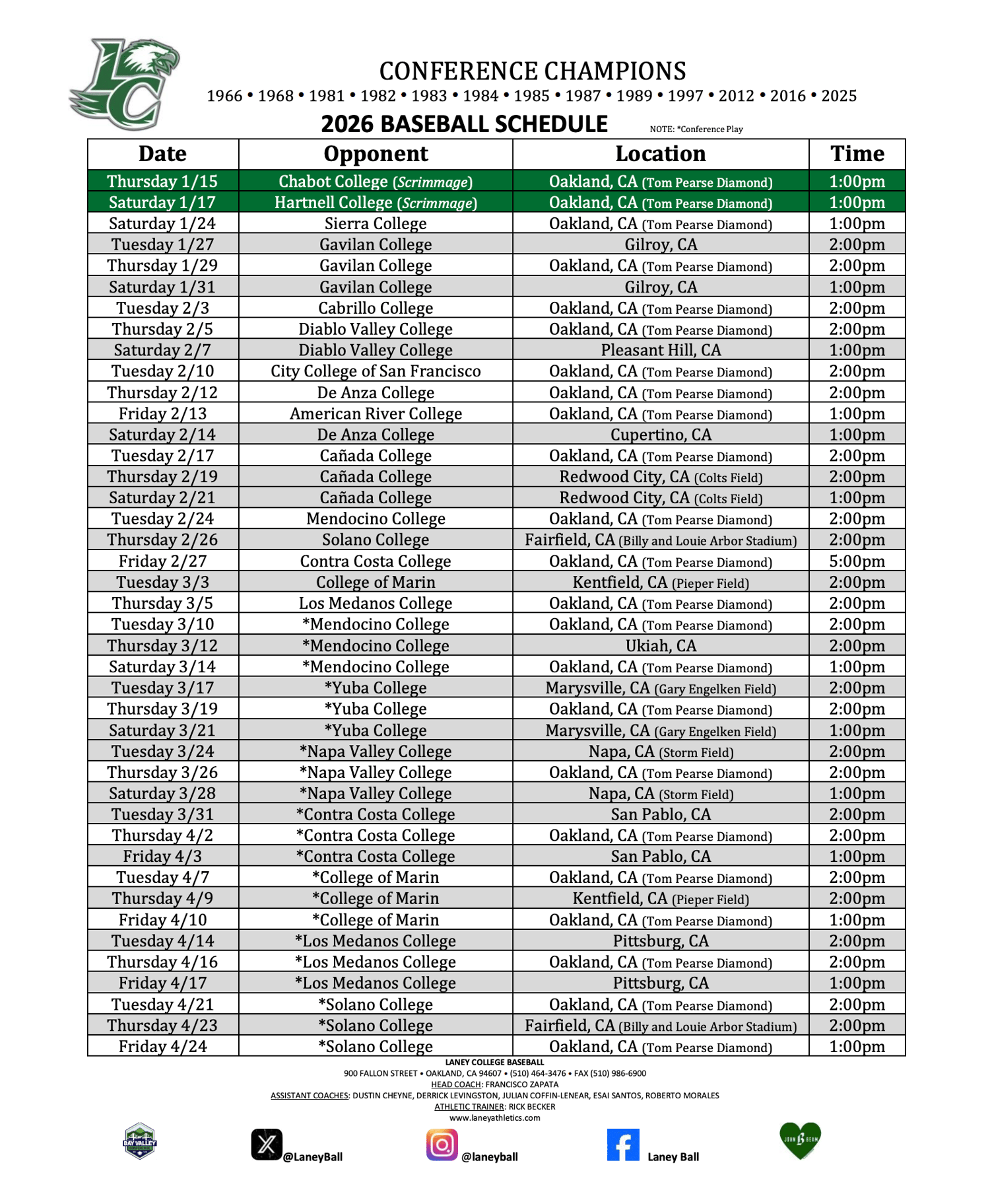 Laney Baseball Schedule 12-11-25