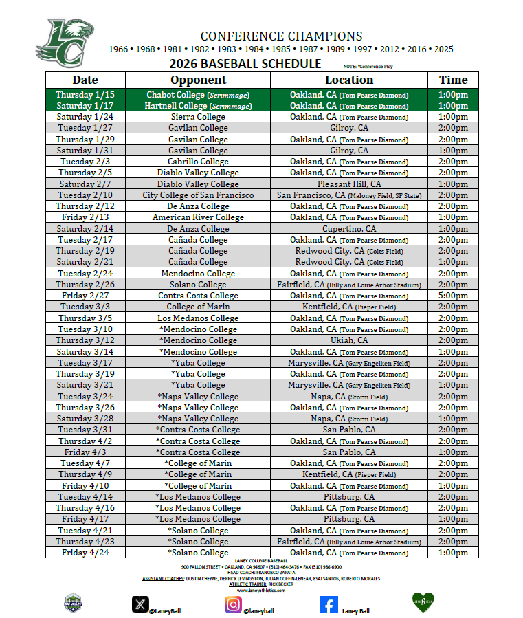 Laney Baseball Schedule 2026