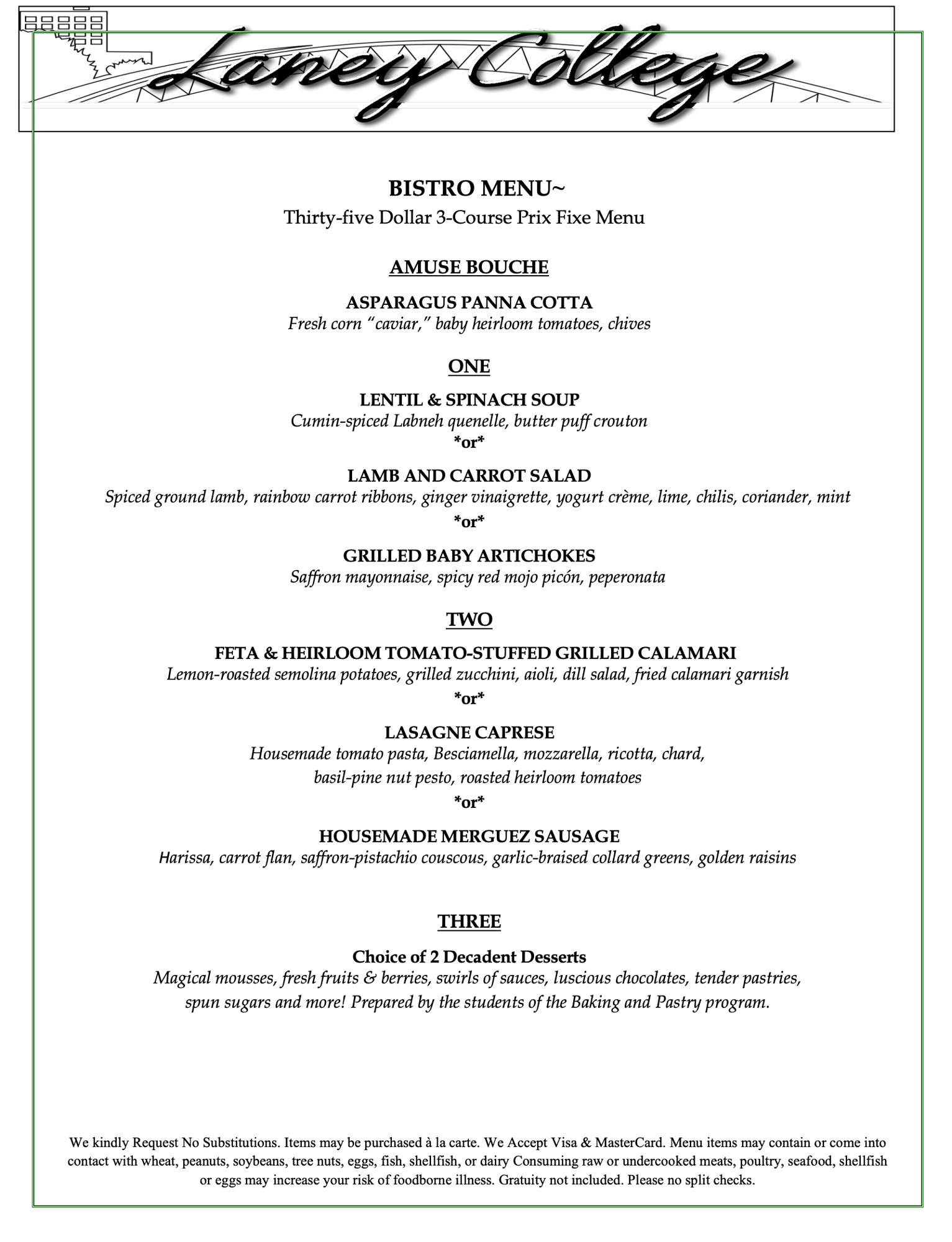 Laney Bistro Menu 4-29 and 4-30