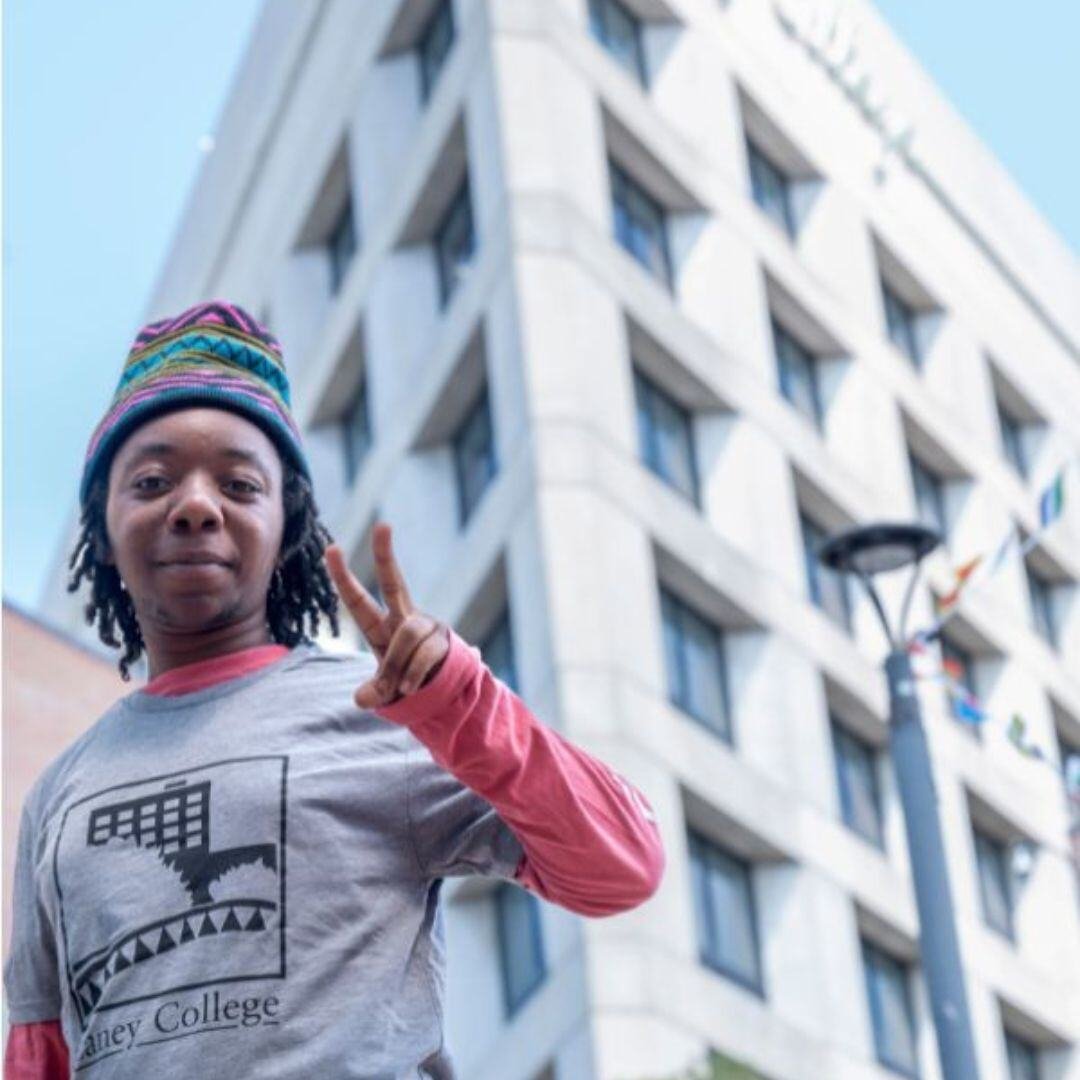 Laney College student in the quad