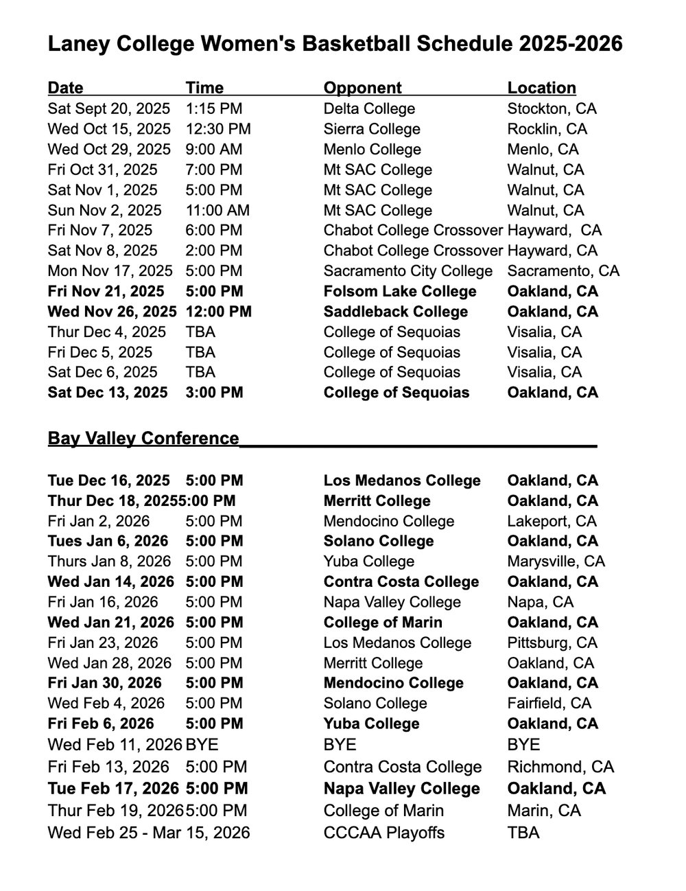 Laney Womens Basketball 2025-2026 Schedule