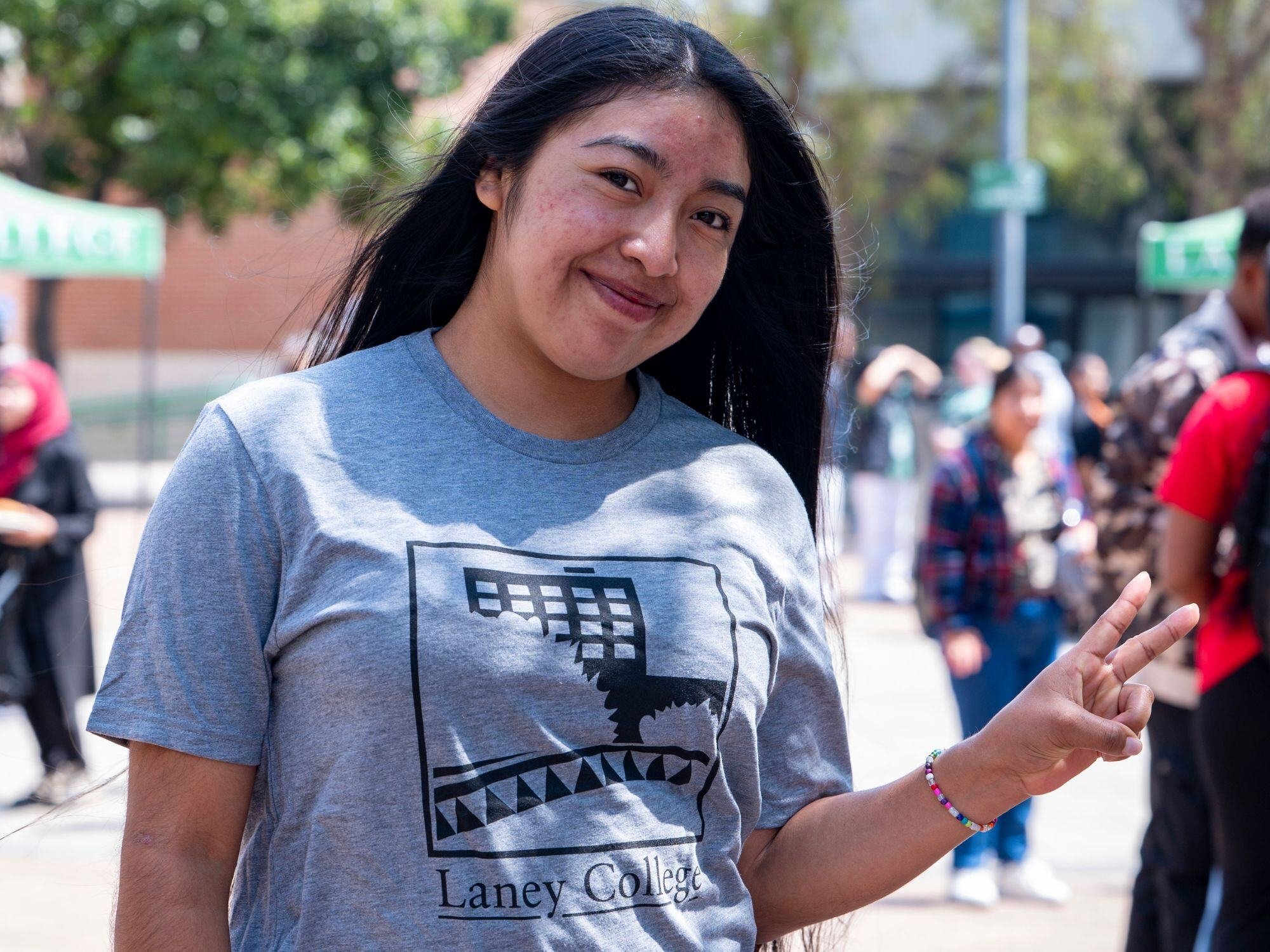 Laney student holding peace fingers