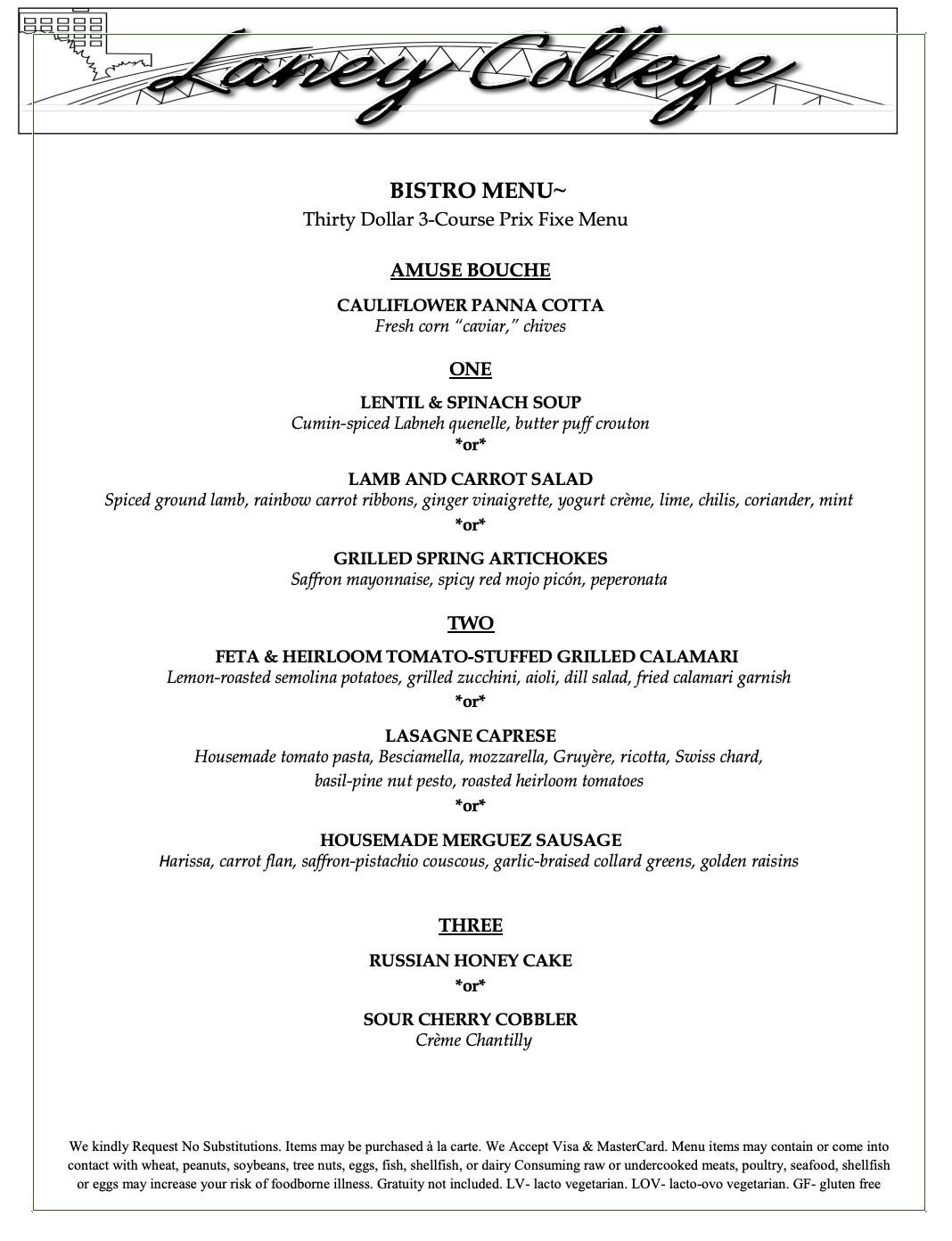 Bistro menu May 7 & 8