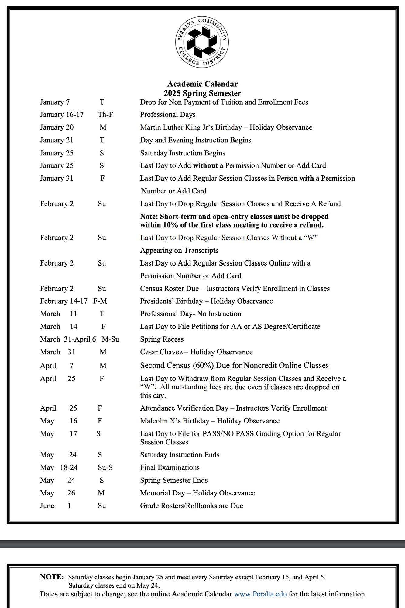 Spring 2025 Calendar