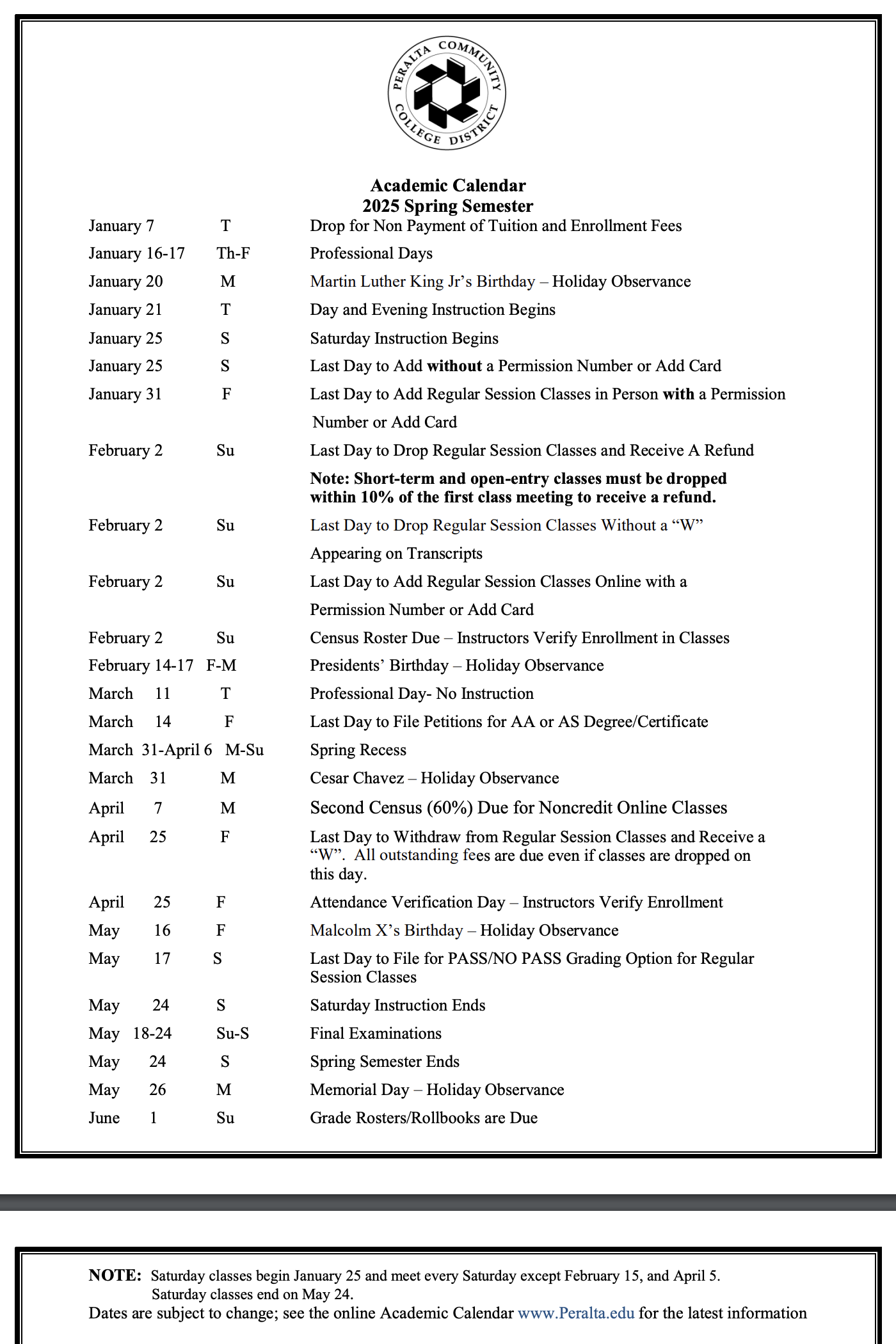 Academic Calendars Office of Instruction