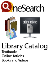 OneSearch, library online catalog to search for Textbooks, Online articles, and other books and videos