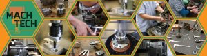 Honeycomb collage of images of machine shop tools and activities