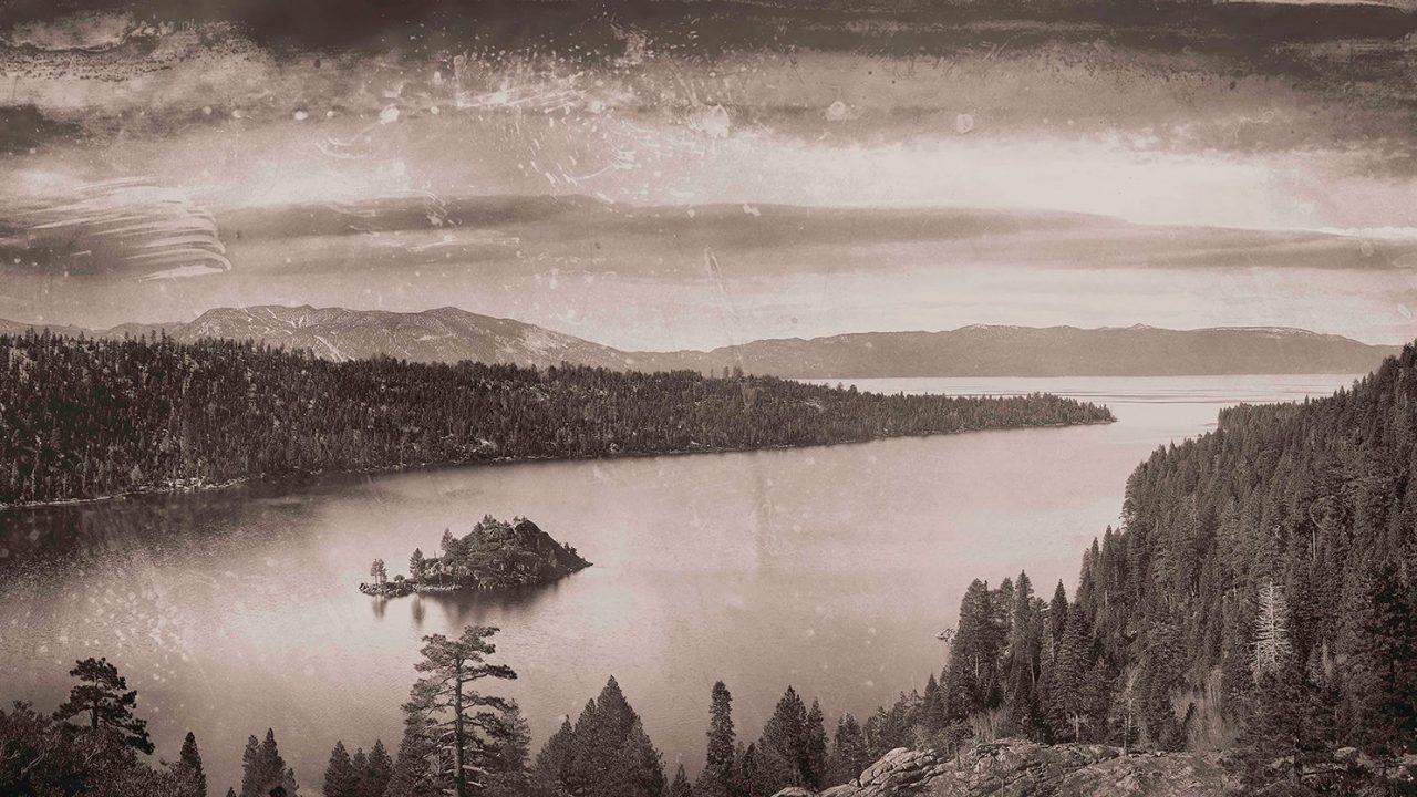 Historic scenic B & W of Emerald Bay, Lake Tahoe.