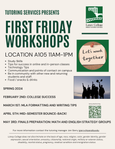 First Friday workshops with Tutoring Services. March 1st MLA formatting. April 5th Mid semester Bounce back. May 3rd Finals preparation. Room A105, first fridays at 11am-1pm.